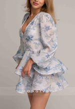 Low V-Neck Floral Print A-Line Long Sleeves Mini Homecoming Dress