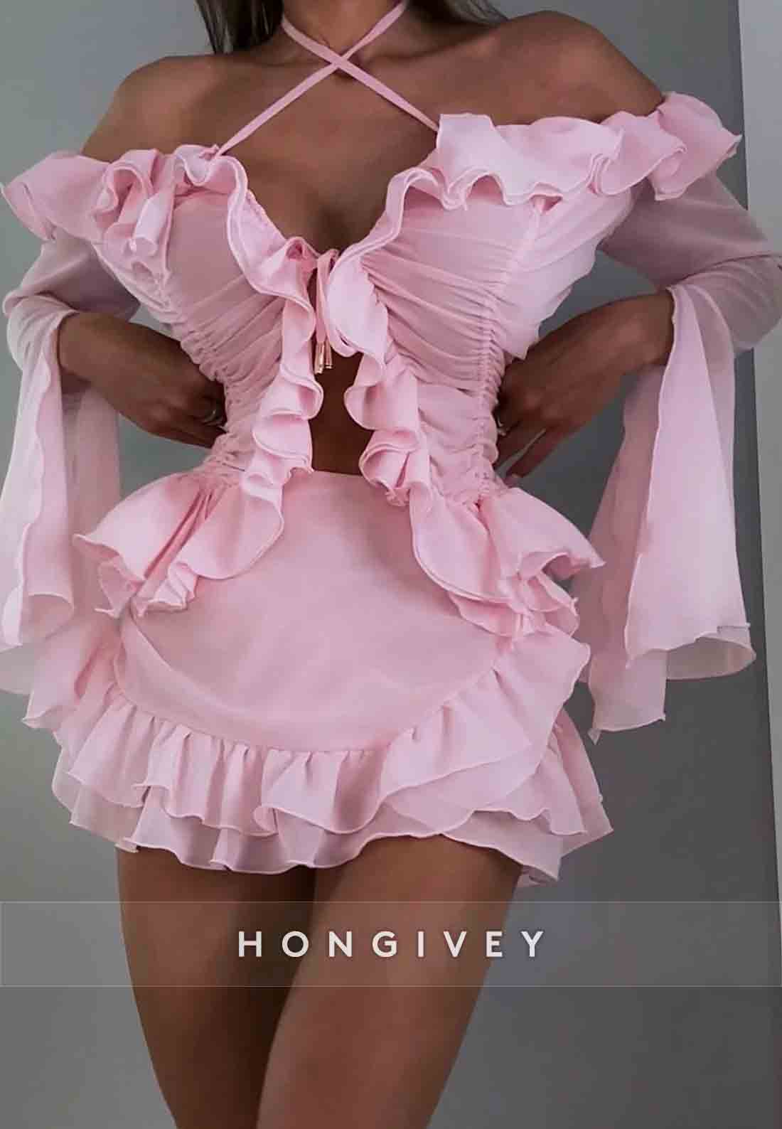 Pink Halter Off-Shoulder A-Line Flutter Sleeves Ruched Mini Homecoming Dresses