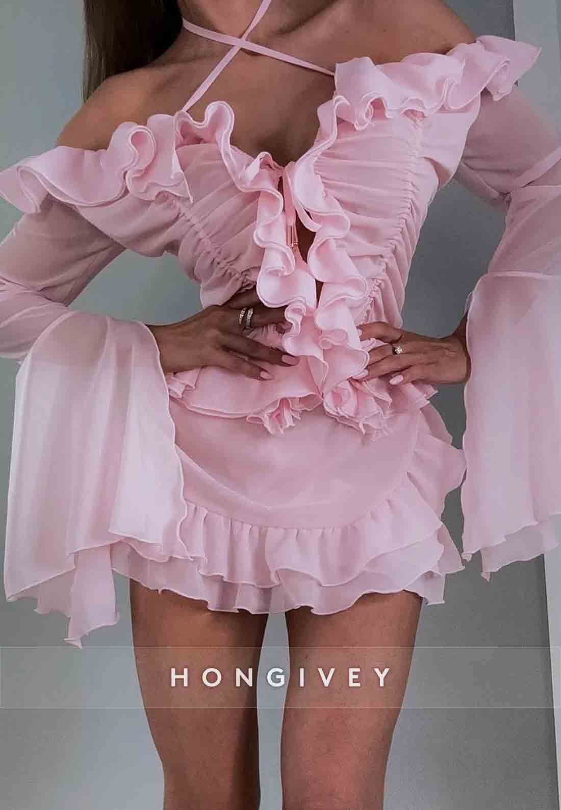 Pink Halter Off-Shoulder A-Line Flutter Sleeves Ruched Mini Homecoming Dresses