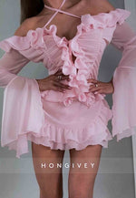 Pink Halter Off-Shoulder A-Line Flutter Sleeves Ruched Mini Homecoming Dresses