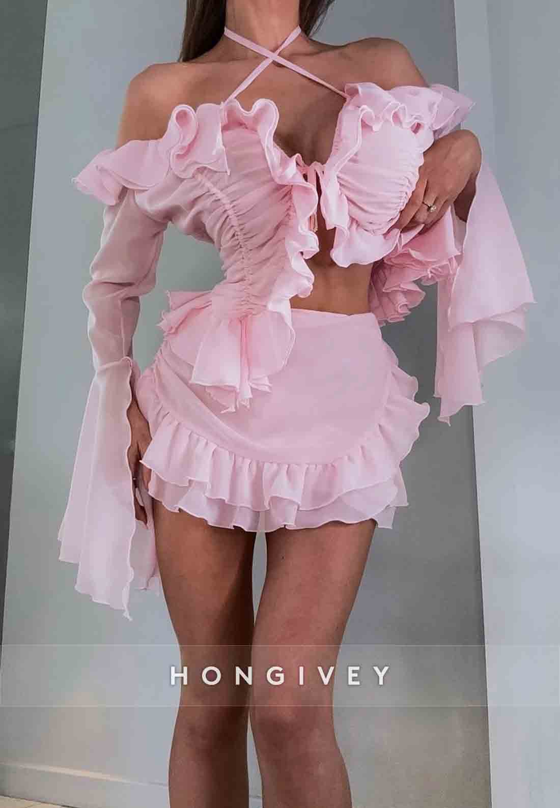 Pink Halter Off-Shoulder A-Line Flutter Sleeves Ruched Mini Homecoming Dresses