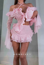 Pink Halter Off-Shoulder A-Line Flutter Sleeves Ruched Mini Homecoming Dresses