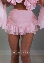 Pink Halter Off-Shoulder A-Line Flutter Sleeves Ruched Mini Homecoming Dresses