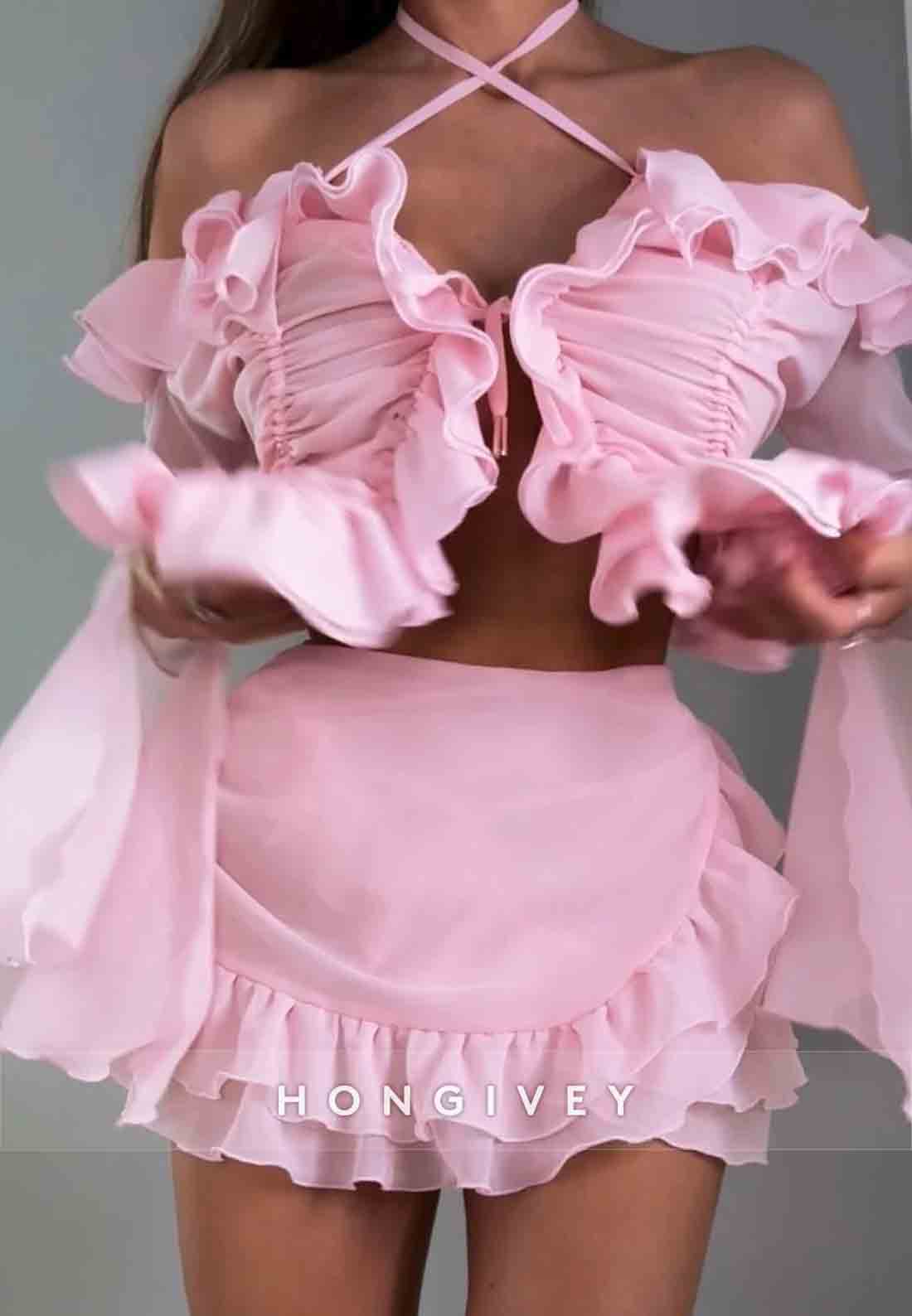 Pink Halter Off-Shoulder A-Line Flutter Sleeves Ruched Mini Homecoming Dresses
