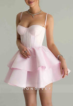 Spaghetti Straps Satin Sweetheart Pleated A-Line Short Homecoming Dresses