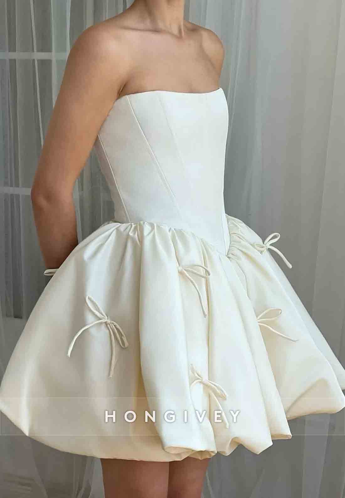 Strapless A-Line Pleated Satin Tie Back Short Homecoming Dress with Bowknot