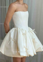 Strapless A-Line Pleated Satin Tie Back Short Homecoming Dress with Bowknot