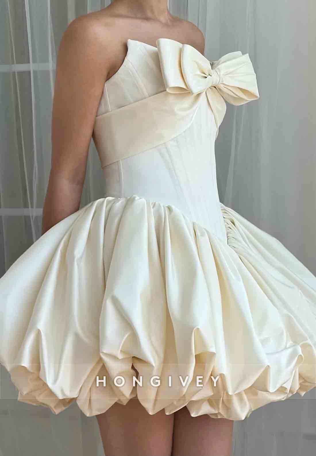 Strapless A-Line Pleated Satin Tie Back Short Homecoming Dress with Bowknot