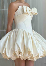 Strapless A-Line Pleated Satin Tie Back Short Homecoming Dress with Bowknot