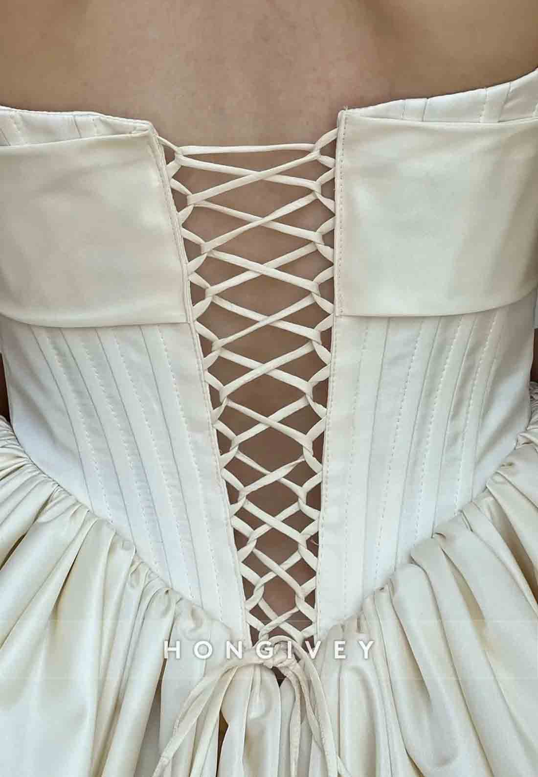 Strapless A-Line Pleated Satin Tie Back Short Homecoming Dress with Bowknot