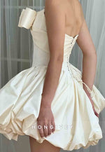 Strapless A-Line Pleated Satin Tie Back Short Homecoming Dress with Bowknot