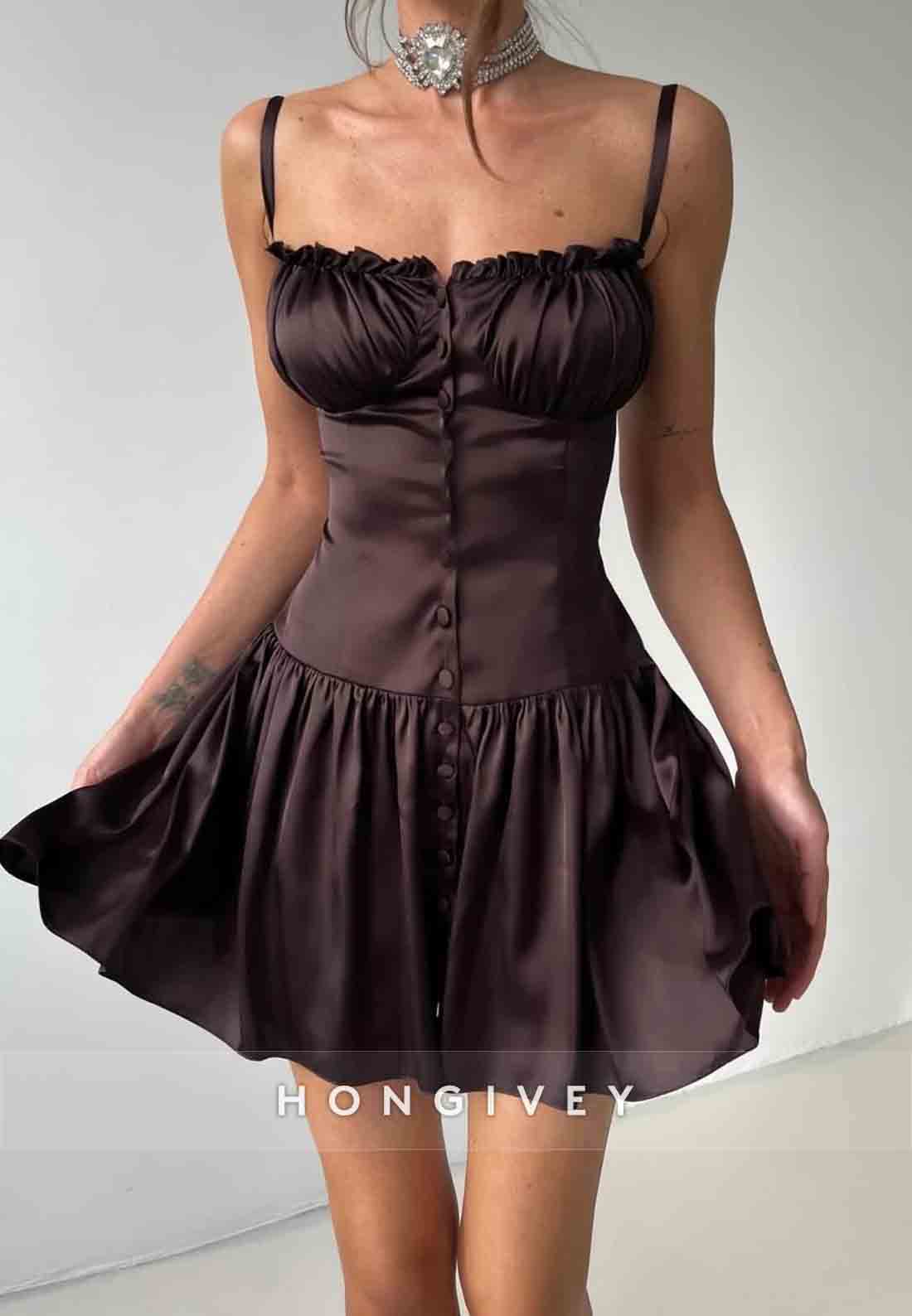 Spaghetti Straps A-Line Square Neck Pleated Mini Homecoming Dresses