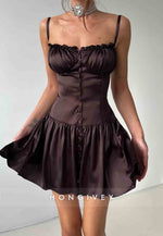 Spaghetti Straps A-Line Square Neck Pleated Mini Homecoming Dresses