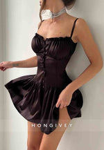 Spaghetti Straps A-Line Square Neck Pleated Mini Homecoming Dresses