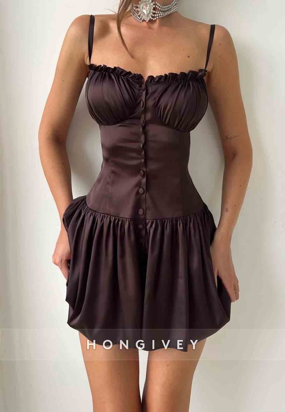 Spaghetti Straps A-Line Square Neck Pleated Mini Homecoming Dresses