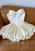 Strapless A-Line Pleated Satin Tie Back Short Homecoming Dress with Bowknot