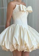Strapless A-Line Pleated Satin Tie Back Short Homecoming Dress with Bowknot
