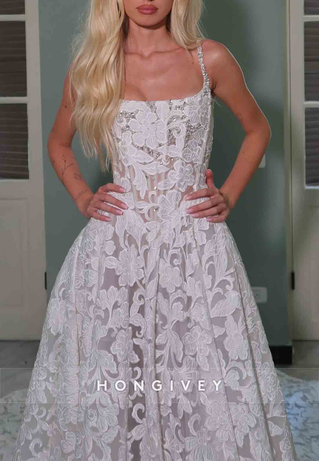 Square Neck Appliqued A-Line Wedding Dresses with Beading and Pearls