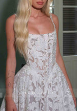 Square Neck Appliqued A-Line Wedding Dresses with Beading and Pearls