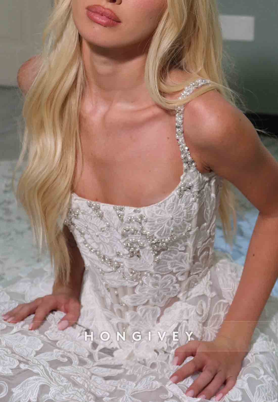 Square Neck Appliqued A-Line Wedding Dresses with Beading and Pearls