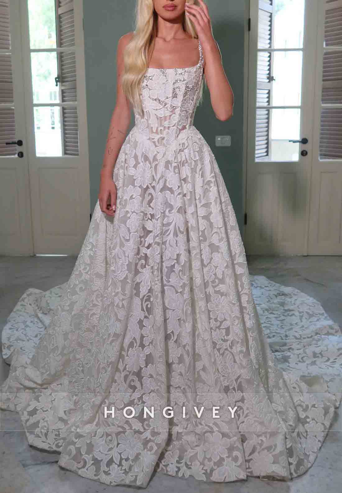 Square Neck Appliqued A-Line Wedding Dresses with Beading and Pearls