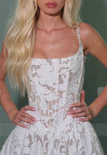 Square Neck Appliqued A-Line Wedding Dresses with Beading and Pearls