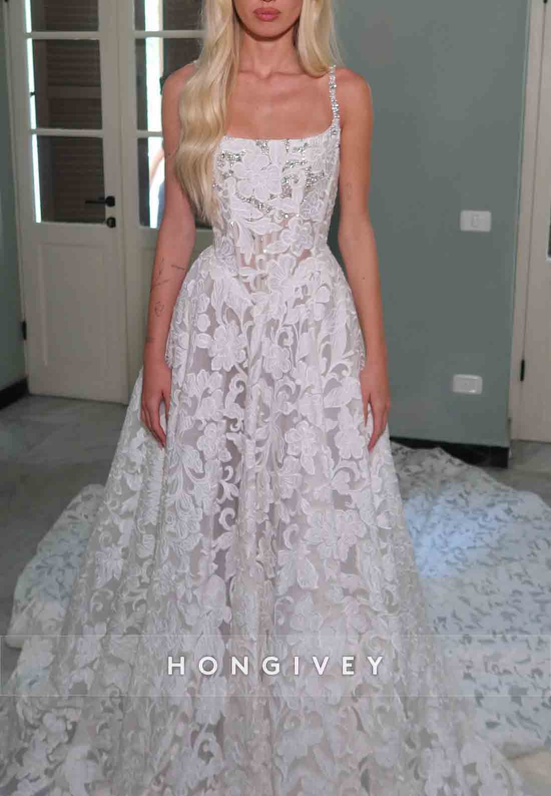 Square Neck Appliqued A-Line Wedding Dresses with Beading and Pearls