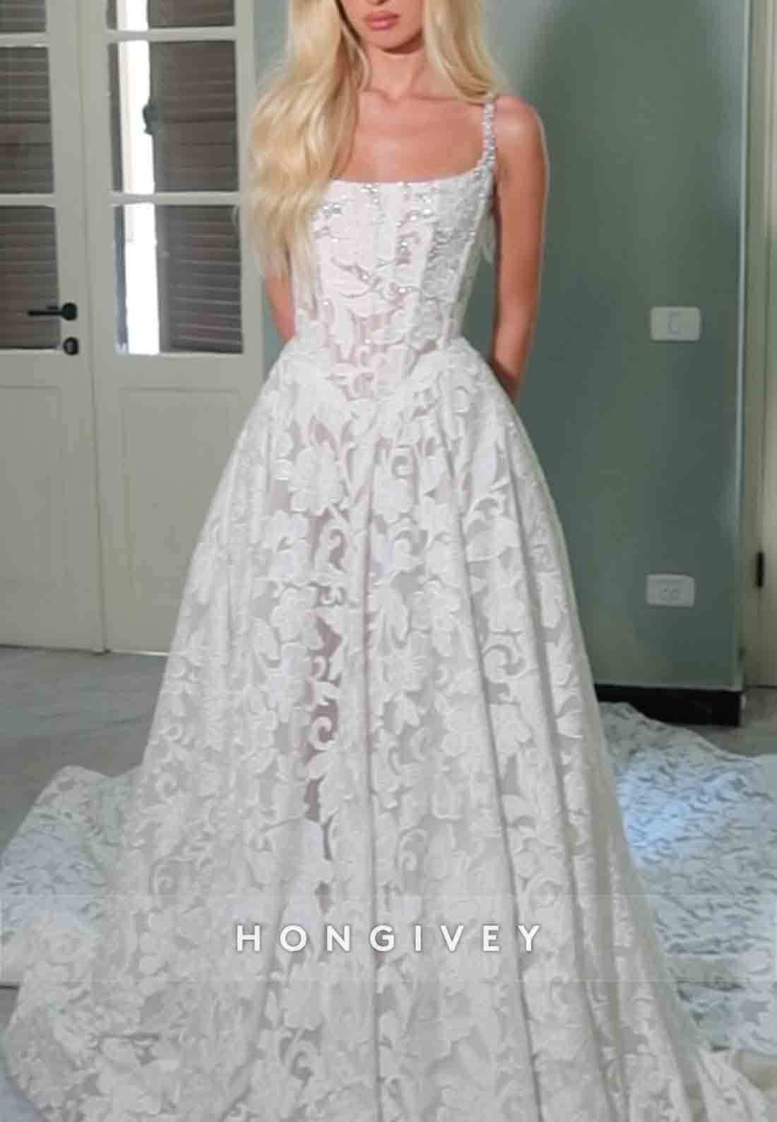 Square Neck Appliqued A-Line Wedding Dresses with Beading and Pearls