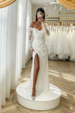 Off the Shoulder Lace Long Sleeve Mermaid Side Slit Wedding Dress