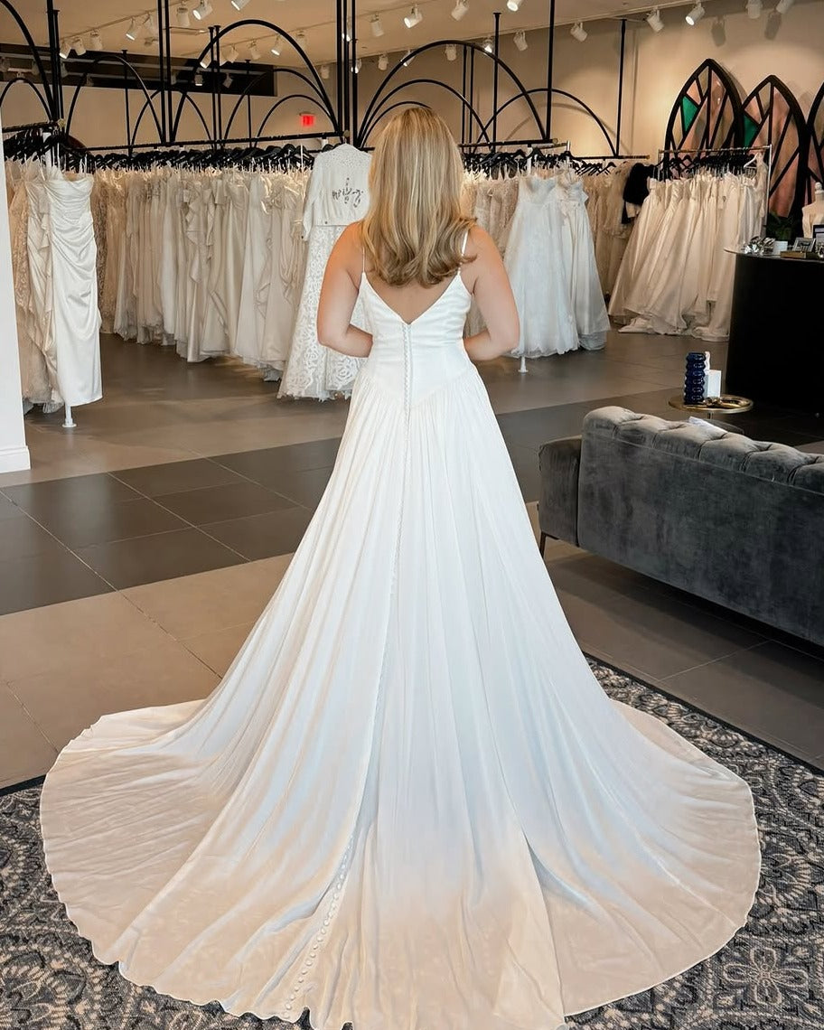 Deep V-Neck Pleated A-Line Wedding Dress