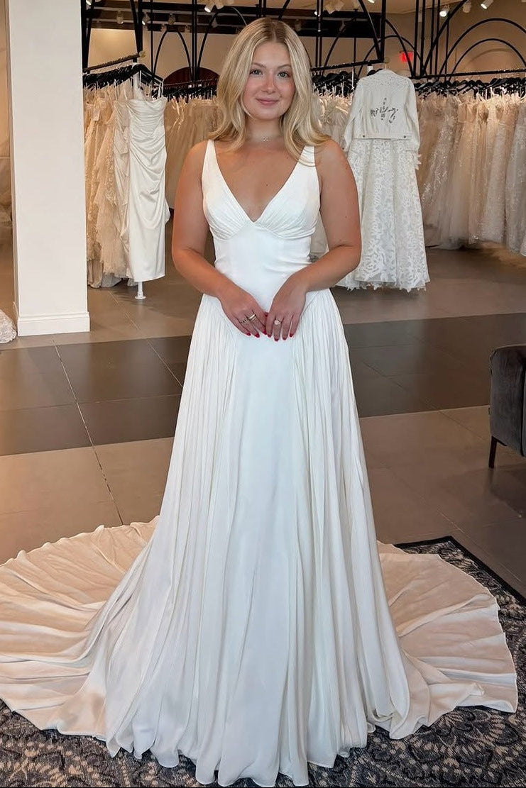 Deep V-Neck Pleated A-Line Wedding Dress