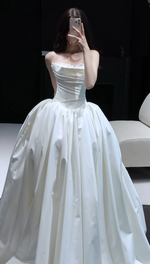 Timeless Strapless Ball Gown Satin Long Wedding Dresses White Bridal Gowns Sleeveless Bridal Dresses