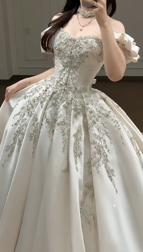 Timeless A-Line Long Wedding Dresses Satin Beaded Bridal Gowns Sleeves Bridal Dresses