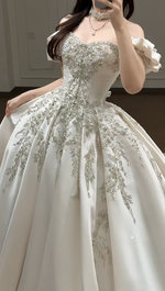 Timeless A-Line Long Wedding Dresses Satin Beaded Bridal Gowns Sleeves Bridal Dresses