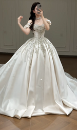 Timeless A-Line Long Wedding Dresses Satin Beaded Bridal Gowns Sleeves Bridal Dresses