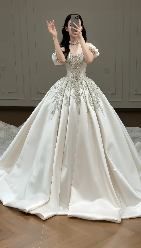 Timeless A-Line Long Wedding Dresses Satin Beaded Bridal Gowns Sleeves Bridal Dresses