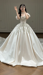 Timeless A-Line Long Wedding Dresses Satin Beaded Bridal Gowns Sleeves Bridal Dresses