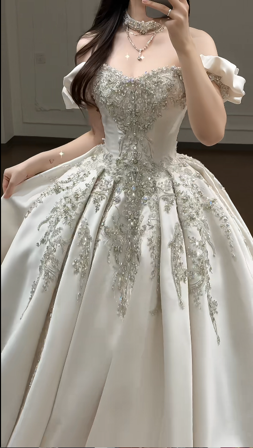 Timeless A-Line Long Wedding Dresses Satin Beaded Bridal Gowns Sleeves Bridal Dresses