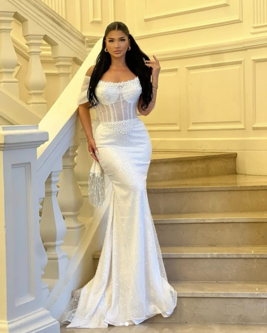 Chic Mermaid Long Wedding Dresses  Beaded Tulle White Bridal Dresses Off-shoulder Bridal Gowns