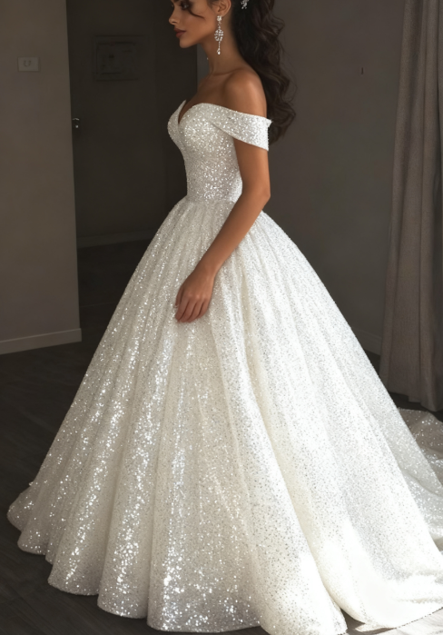 Ethereal Wedding Dress Ball Gown Off The Shoulder Sequin White Wedding Dresses Bridal Gowns