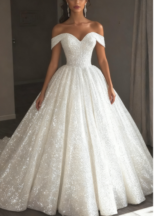 Ethereal Wedding Dress Ball Gown Off The Shoulder Sequin White Wedding Dresses Bridal Gowns