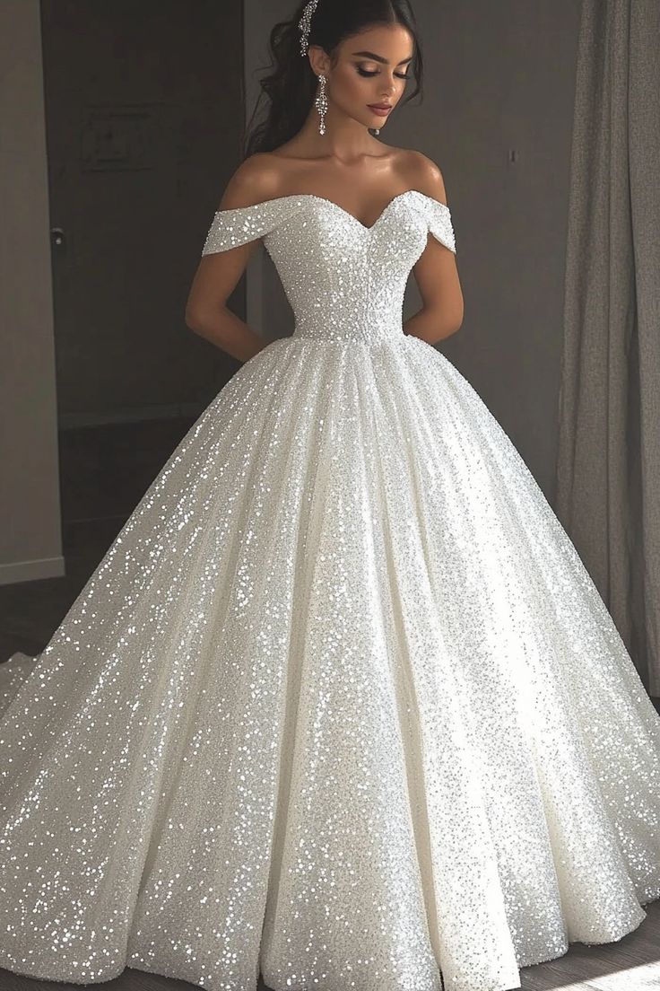 Ethereal Wedding Dress Ball Gown Off The Shoulder Sequin White Wedding Dresses Bridal Gowns