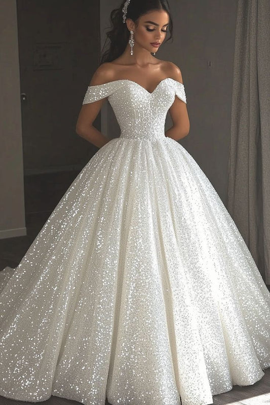 Ethereal Wedding Dress Ball Gown Off The Shoulder Sequin White Wedding Dresses Bridal Gowns