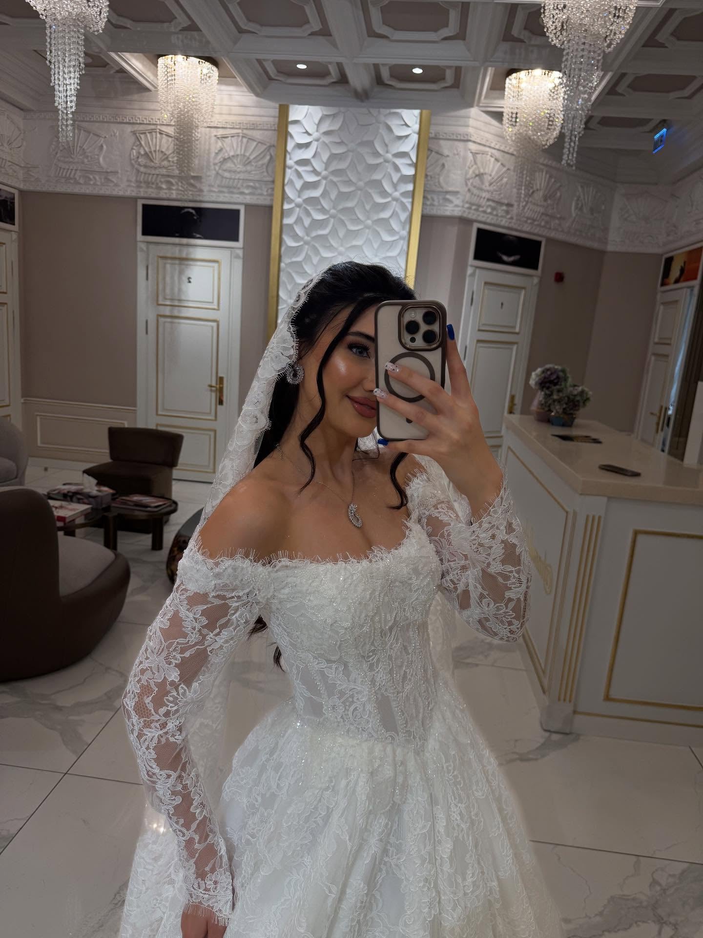 A-Line Floor-Length Off the Shoulder Long Sleeve Wedding Dress
