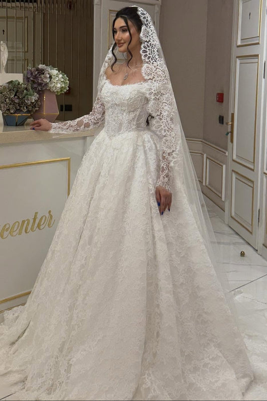 A-Line Floor-Length Off the Shoulder Long Sleeve Wedding Dress