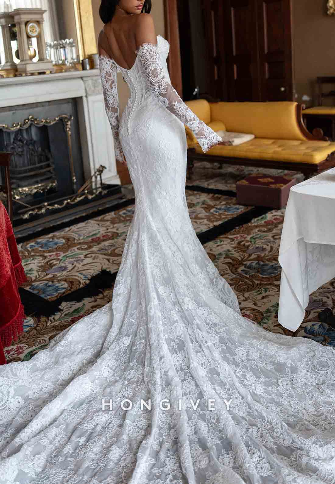 Mermaid Chapel Train Off the Shoulder Long Sleeves Lace Wedding Dresses with Pearls