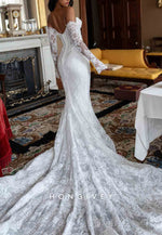 Mermaid Chapel Train Off the Shoulder Long Sleeves Lace Wedding Dresses with Pearls