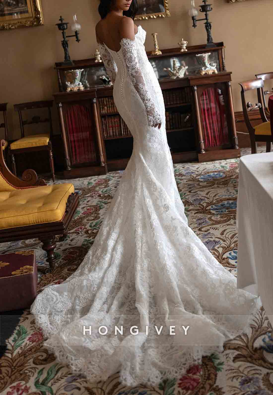 Mermaid Chapel Train Off the Shoulder Long Sleeves Lace Wedding Dresses with Pearls