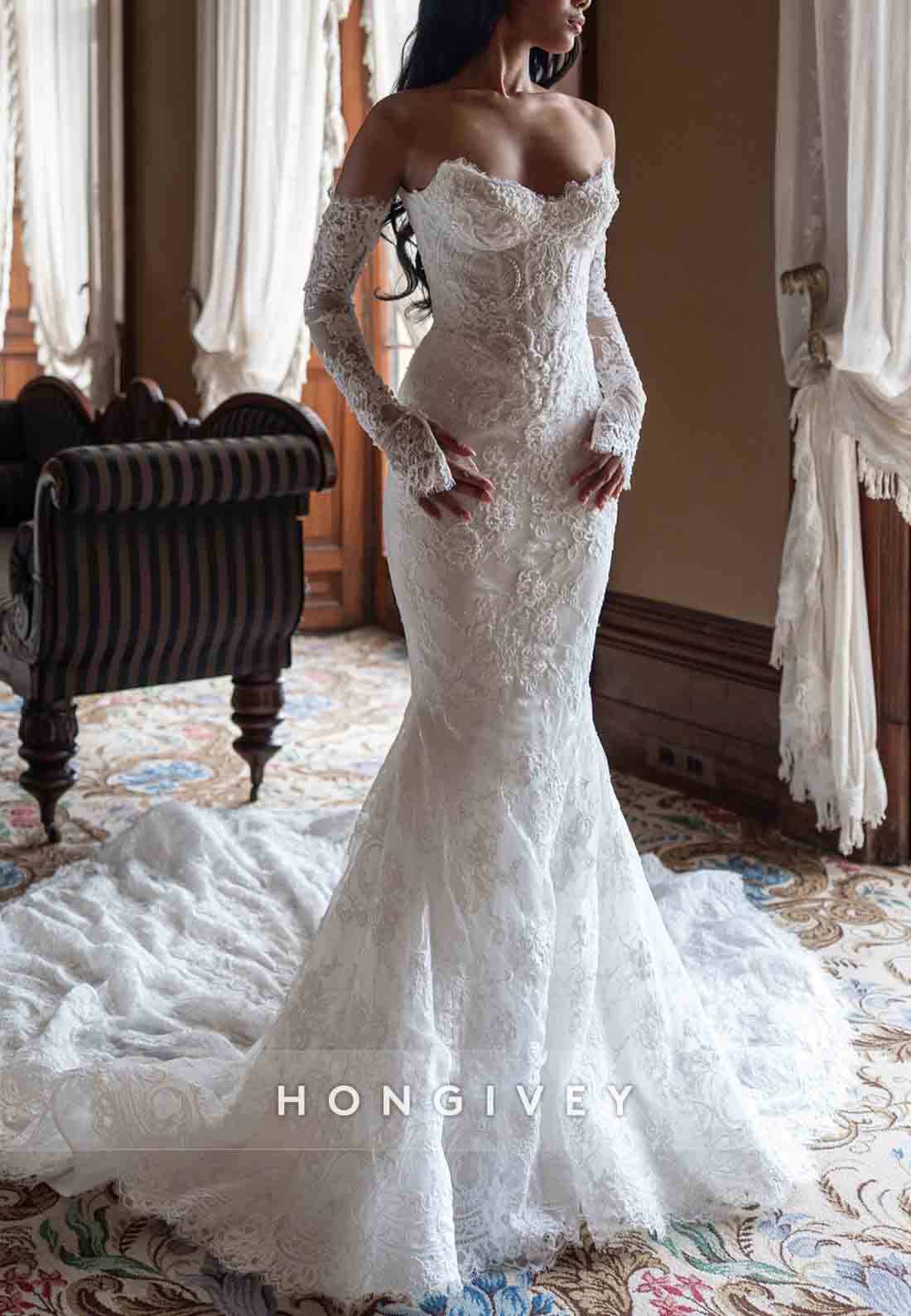 Mermaid Chapel Train Off the Shoulder Long Sleeves Lace Wedding Dresses with Pearls