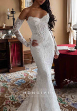 Mermaid Chapel Train Off the Shoulder Long Sleeves Lace Wedding Dresses with Pearls
